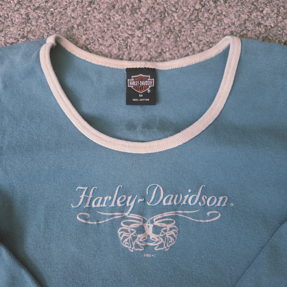 VTG Harley Davidson Womens 3/4 Sleeve T-Shirt‎ Teal Blue Ringer 1995 USA Size M - Picture 2 of 13
